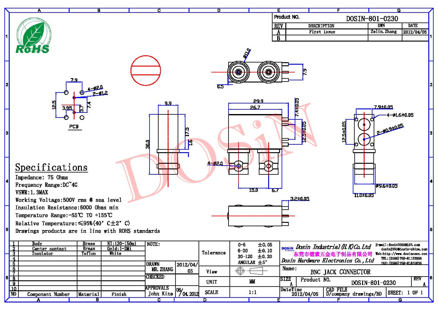 穿墻BNC連接器母頭直式接PCB板端插座