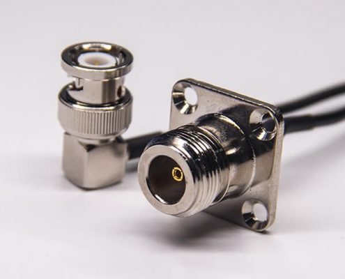 N型射頻頭母頭四孔法蘭轉90度BNC公頭接RG174